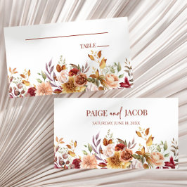 バーガンディ燃えたオレンジ色のフローラ結婚の花 プレイスカード