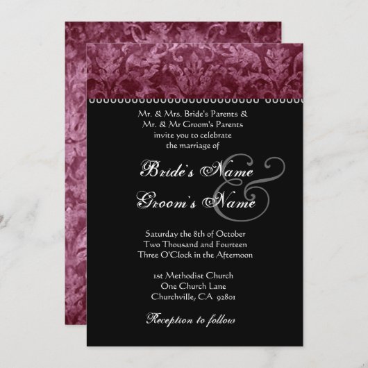 バーガンディ白黒ダマスクウエディング招待状 招待状 (正面/裏面)