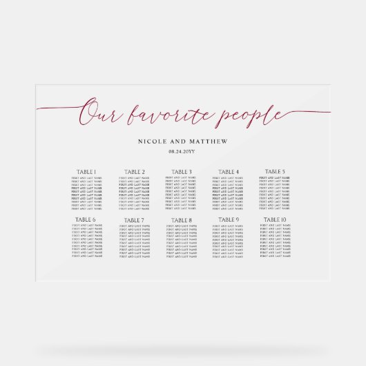 バーガンディ私たちお気に入りのの人々のシーティングプランは曇った アクリルサイン (正面)