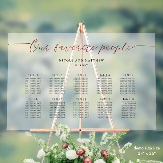 バーガンディ私たちお気に入りのの人々のシーティングプランは曇った アクリルサイン