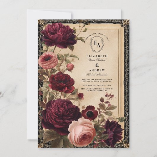 バーガンディ秋の花模様とダークバロック 招待状 (正面)