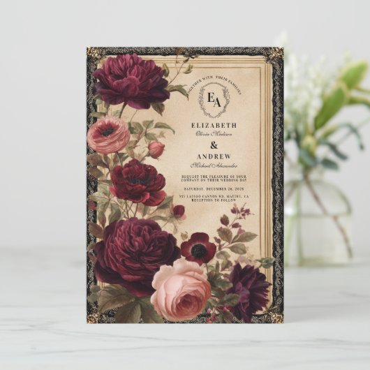 バーガンディ秋の花模様とダークバロック 招待状 (スタンド正面)