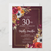 バーガンディ秋エレガント花花脚本30歳の誕生日 招待状 (正面)