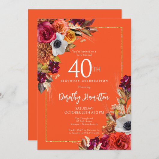 バーガンディ秋エレガント花花脚本40歳の誕生日 招待状 (正面/裏面)