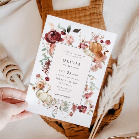 バーガンディ秋カボチャ赤ちゃんシャワー 招待状