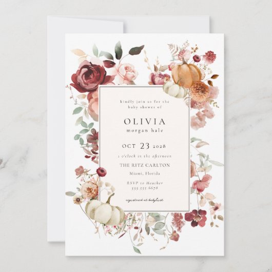 バーガンディ秋カボチャ赤ちゃんシャワー 招待状 (正面)