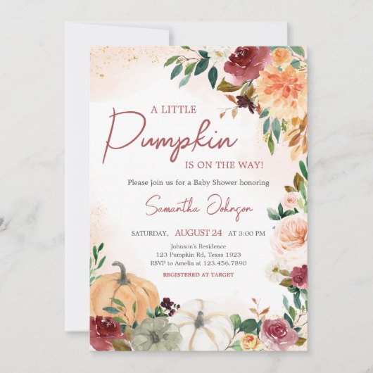 バーガンディ秋フローラカボチャ赤ちゃんシャワー 招待状 (正面)