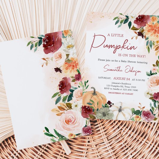 バーガンディ秋フローラカボチャ赤ちゃんシャワー 招待状