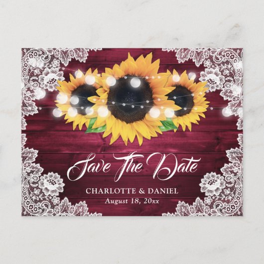 バーガンディ素朴ウッドレースひまわり日付保存 案内ポストカード (正面)