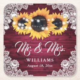バーガンディ素朴ウッドレースひまわり結婚の スクエアペーパーコースター