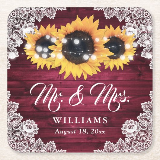 バーガンディ素朴ウッドレースひまわり結婚の スクエアペーパーコースター (正面)