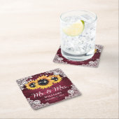 バーガンディ素朴ウッドレースひまわり結婚の スクエアペーパーコースター (インサイチュ)