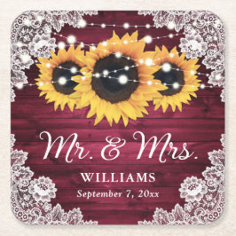 バーガンディ素朴ウッドレースひまわり結婚の スクエアペーパーコースター