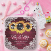 バーガンディ素朴ウッドレースひまわり結婚の ペーパープレート (パーティー)