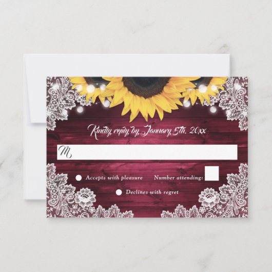 バーガンディ素朴ウッドレースひまわり結婚の 出欠カード (正面)