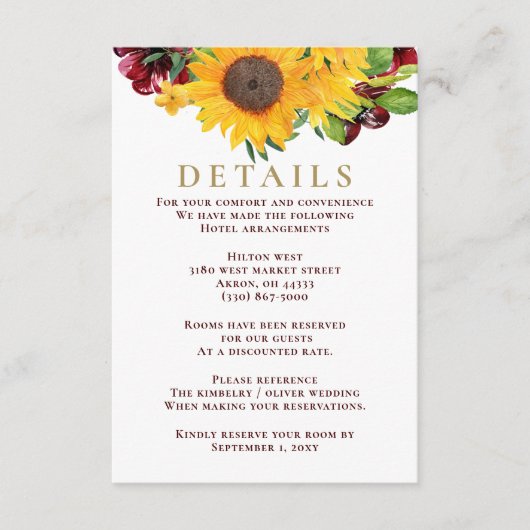 バーガンディ素朴ス結婚ヒマワリの囲いカード エンクロージャーカード (正面)