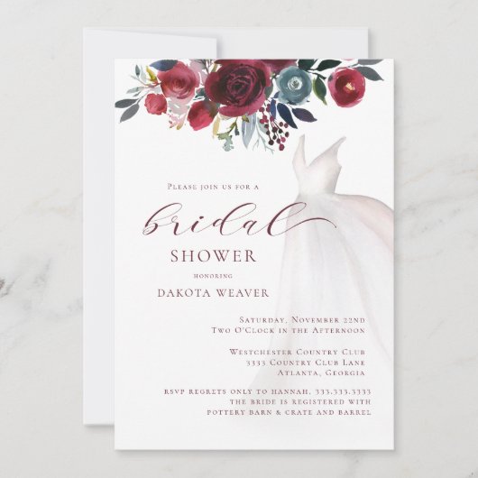 バーガンディ結婚ウォーターカラーブライダルシャワー 招待状 (正面)