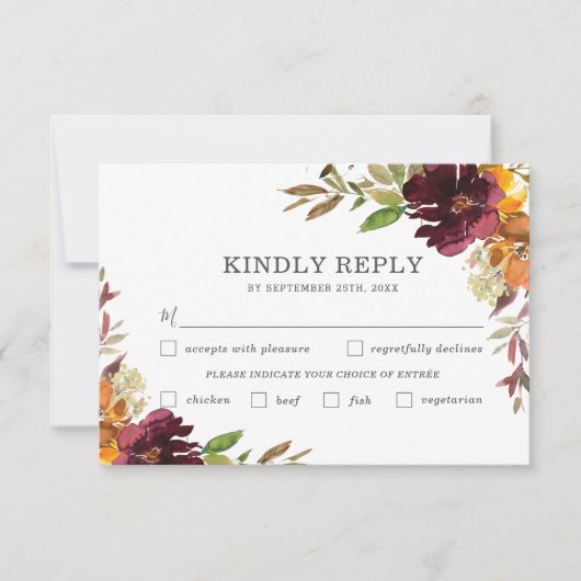 バーガンディ結婚オレンジフローラの食事の選択RSVP 出欠カード (正面)