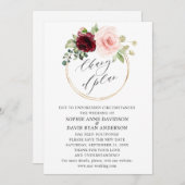 バーガンディ結婚ピンクの花の計画の変更 招待状 (正面/裏面)