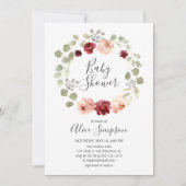 バーガンディ花の緑のユーカリ赤ちゃんシャワー 招待状 (正面)