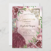 バーガンディ花ドレス金ゴールドフレームキンセアニェラ 招待状 (正面)