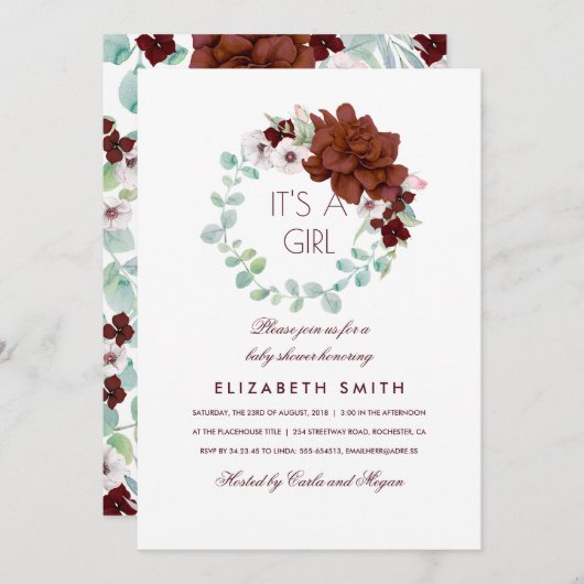 バーガンディ花リースエレガントベビーシャワー 招待状 (正面/裏面)