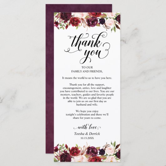 バーガンディ花模様，場所設定サンキューカード プログラム (正面/裏面)