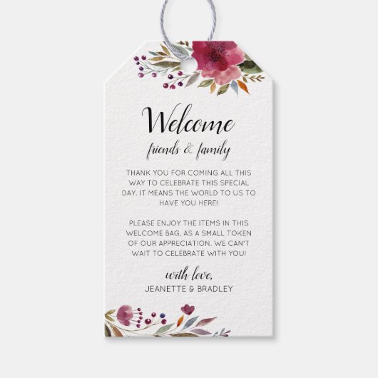 バーガンディ花秋の結婚式ウェルカムギフトバスケット ギフトタグ (正面)