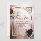 バーガンディ花金ゴールドフレームバラ金ゴールド退職 招待状 (正面)