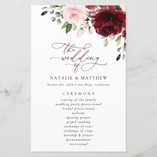 バーガンディ花、ピンクの花、結婚式 プログラム (正面)
