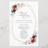 バーガンディ花、ピンクの花、結婚式 プログラム (正面)