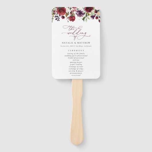 バーガンディ花、ピンクの花、結婚式 プログラム ハンドファン (正面)