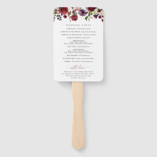 バーガンディ花、ピンクの花、結婚式 プログラム ハンドファン (裏面)