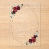 バーガンディ花、赤い花、ブライダルシャワー アクリル招待状 (正面)