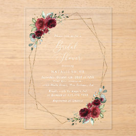 バーガンディ花、赤い花、ブライダルシャワー アクリル招待状