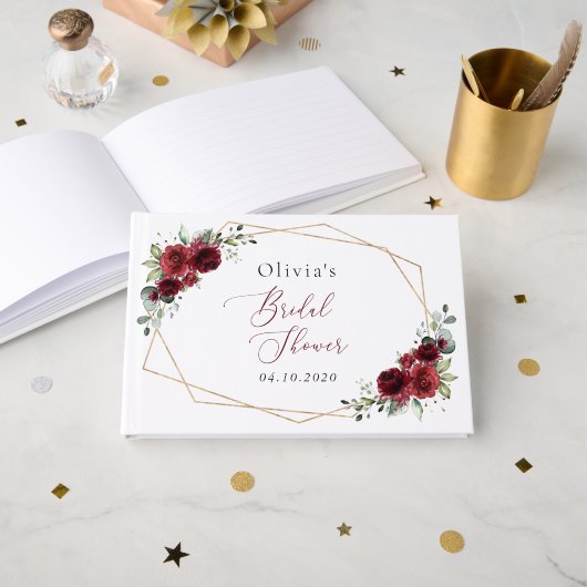 バーガンディ花、赤い花、ブライダルシャワー ゲストブック (正面見開き)