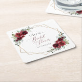 バーガンディ花、赤い花、ブライダルシャワー スクエアペーパーコースター (アングル)