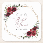 バーガンディ花、赤い花、ブライダルシャワー スクエアペーパーコースター (正面)