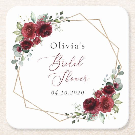 バーガンディ花、赤い花、ブライダルシャワー スクエアペーパーコースター (正面)