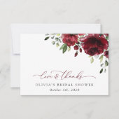 バーガンディ花，赤い花，ボホ，ブライダルシャワー サンキューカード (正面)