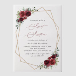 バーガンディ花、赤い花、ボホ、甘い16 ベラム紙招待状