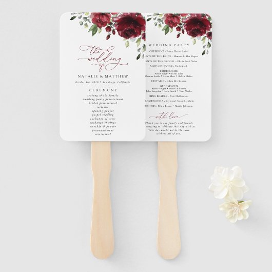 バーガンディ花、赤い花、結婚式 プログラム ハンドファン (正面&裏面)