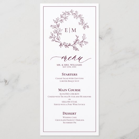 バーガンディ葉樹冠モノグラム結婚のメニュー メニュー (正面)