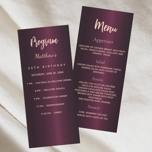 バーガンディ誕生日プログラムディナーメニューカード ラックカード