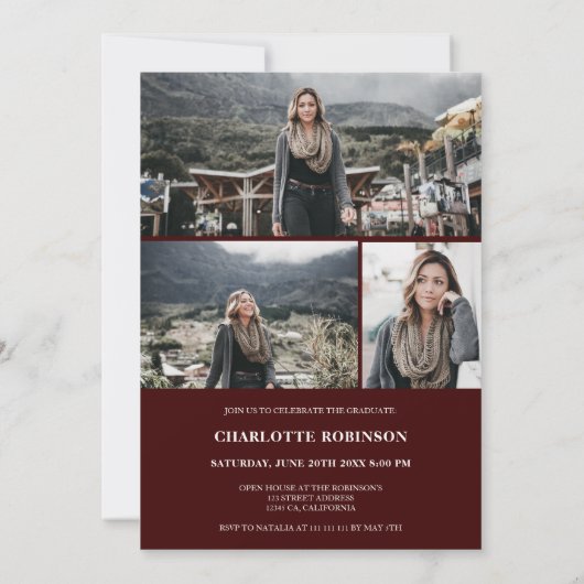 バーガンディ赤い大学院のスクリプトの写真卒業 招待状 (裏面)