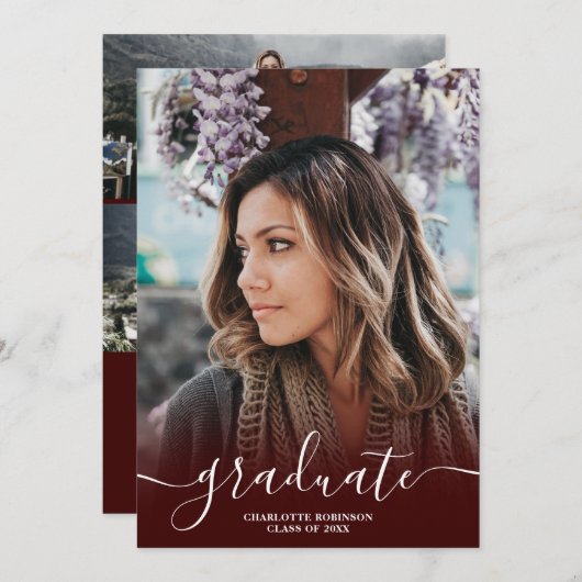 バーガンディ赤い大学院のスクリプトの写真卒業 招待状 (正面/裏面)