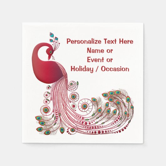 バーガンディ赤い孔雀がパーソナライズまたはカスタマイズパーソナライズ スタンダードカクテルナプキン (正面)