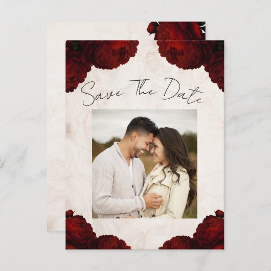 バーガンディ赤い牡丹の花ヴィンテージ日付を保存 案内ポストカード (正面/裏面)