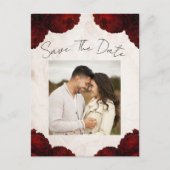 バーガンディ赤い牡丹の花ヴィンテージ日付を保存 案内ポストカード (正面)