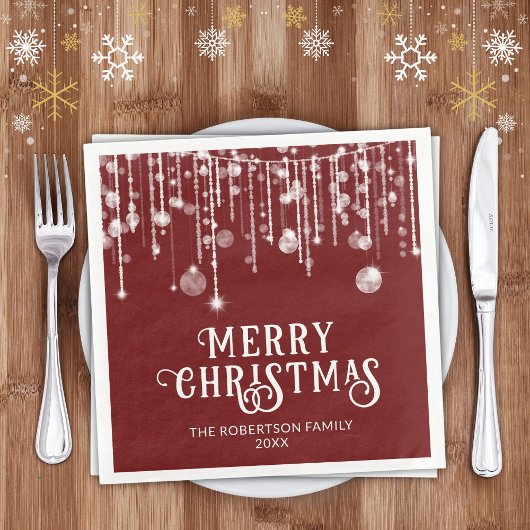 バーガンディ赤い白い文字列ライトクリスマスパーティー